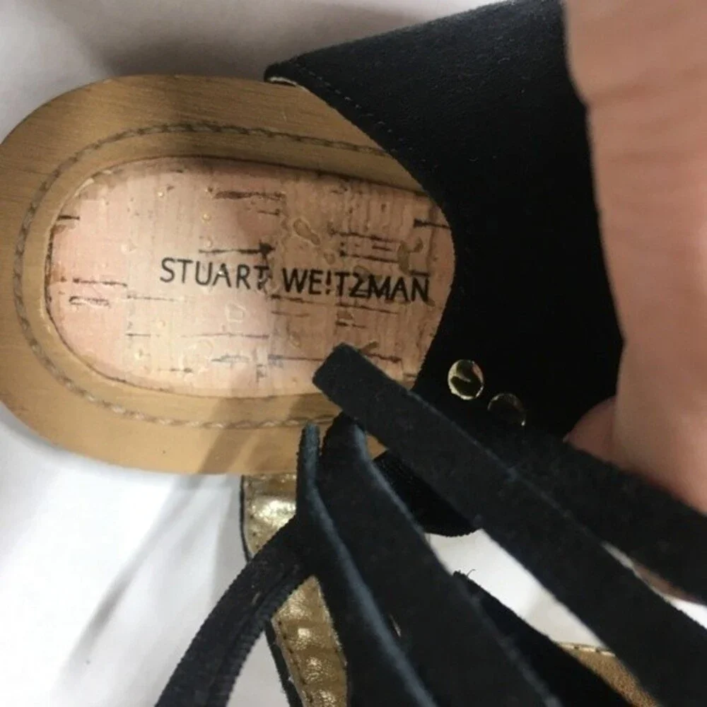 Stuart Weitzman Camia Fringe Black Sandal Size 5